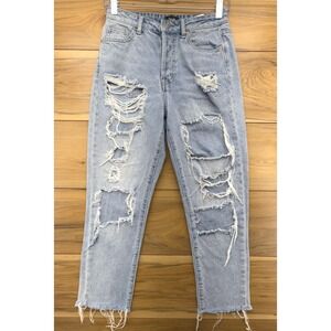 Simple‎ Society Jeans Womens Size 1/25 Destroyed Mom Jeans Light Wash High Rise